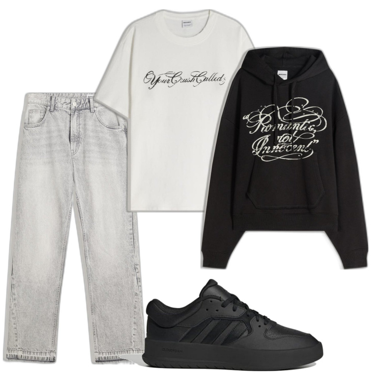 Outfit hombre - Casual look. Estilo Casual para Todos los días. Combinación con sneakers, camiseta, sudaderas con capucha, vaqueros rectos.