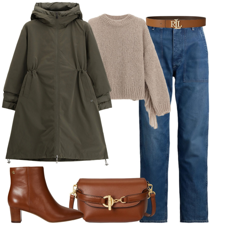 Outfit donna - Day by day. Stile Casual chic per Tutti i giorni. Abbinamento con parka, maglieria, cinture, borse a tracolla, jeans, stivaletti.