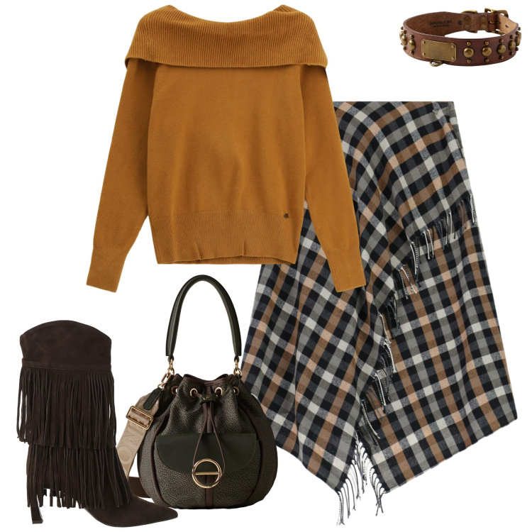 Outfit donna - City. Stile Urban per Tutti i giorni. Abbinamento con borse a secchiello, gonne lunghe, stivali, maglieria, anelli.