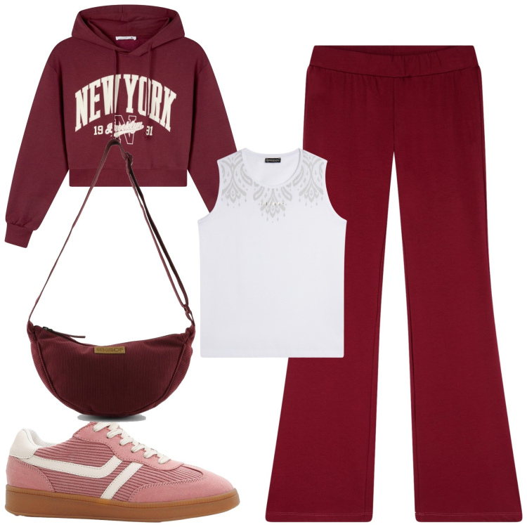 Outfit donna - Sporty. Stile Casual per Sport. Abbinamento con sneakers, leggings, felpe con cappuccio, top sportivi, borse a tracolla.