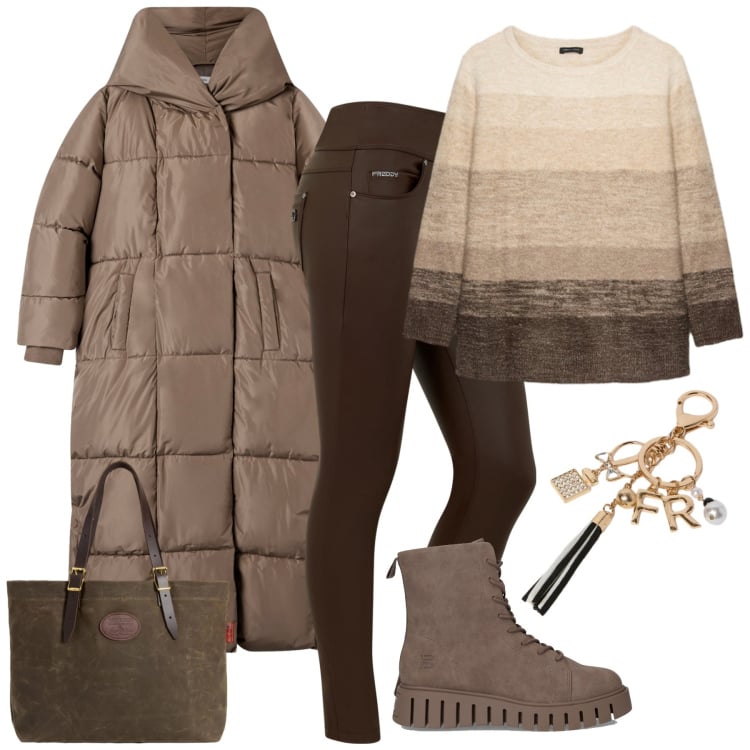 Outfit donna - City. Stile Casual per Tutti i giorni. Abbinamento con cappotti, jeans skinny, borse tote, anfibi, maglieria, portachiavi.