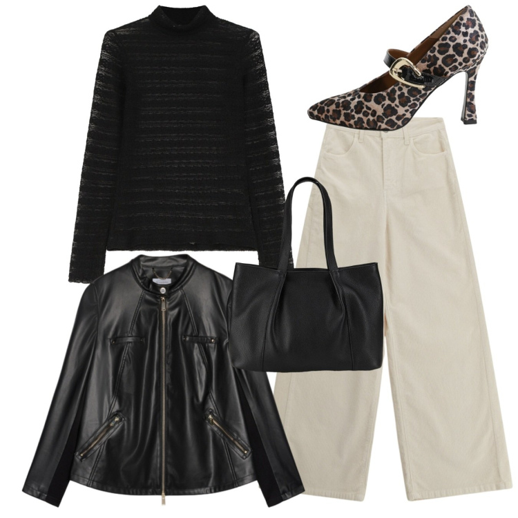 Outfit donna - Total look. Stile Chic per Tutti i giorni. Abbinamento con shopping bag, décolleté, maglieria, pantaloni a palazzo, giacche.