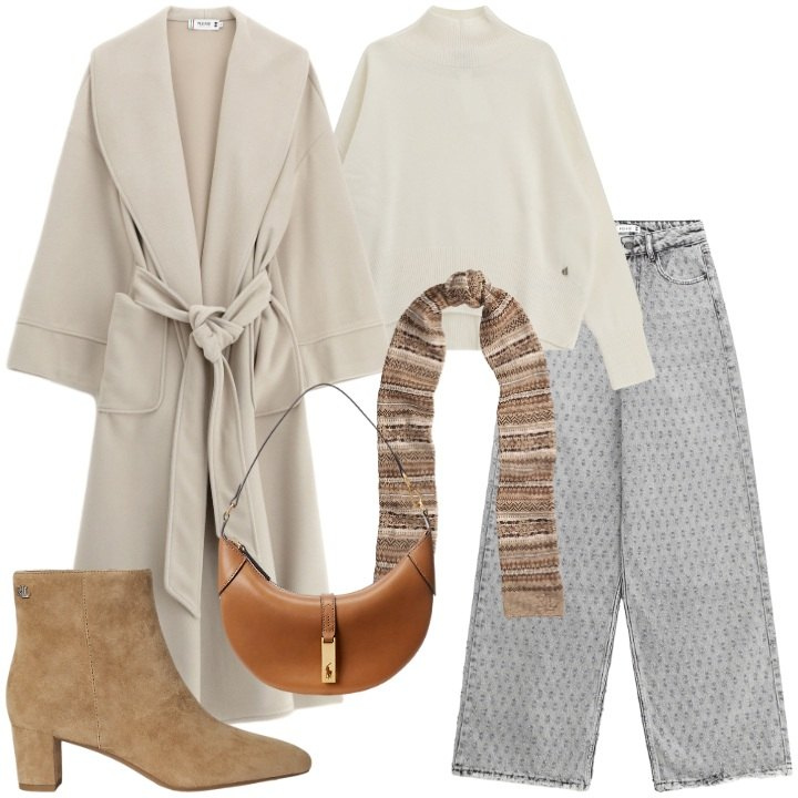 Outfit donna - Cozy & Chic. Stile Trendy per Tutti i giorni. Abbinamento con jeans, cappotti, maglieria, stivaletti, sciarpe, borse a spalla.