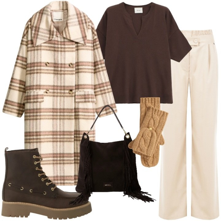 Outfit donna - Cozy & Chic. Stile Trendy per Tutti i giorni. Abbinamento con cappotti, pantaloni a palazzo, borse a spalla, maglieria, stivaletti, guanti.