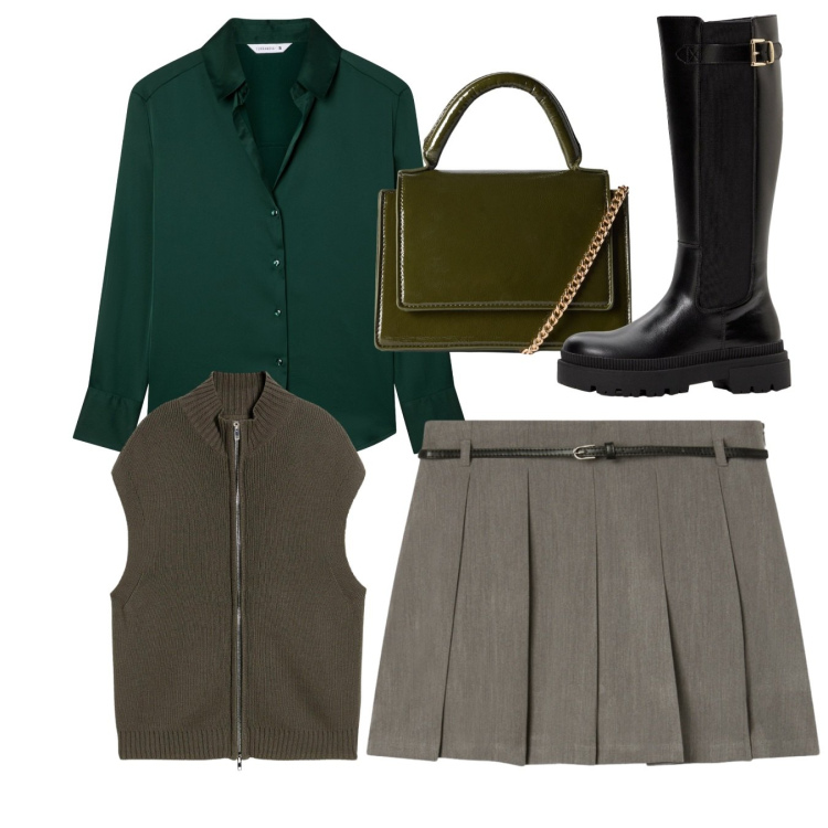 Outfit donna - Total look. Stile Preppy per Tutti i giorni. Abbinamento con stivali, maglieria, camicie, minigonne, borse a tracolla.