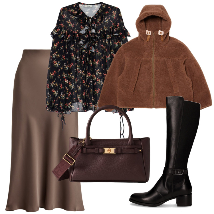 Outfit donna - Novembre. Stile Chic per Serata fuori. Abbinamento con borse a mano, bluse, gonne, parka, stivali.