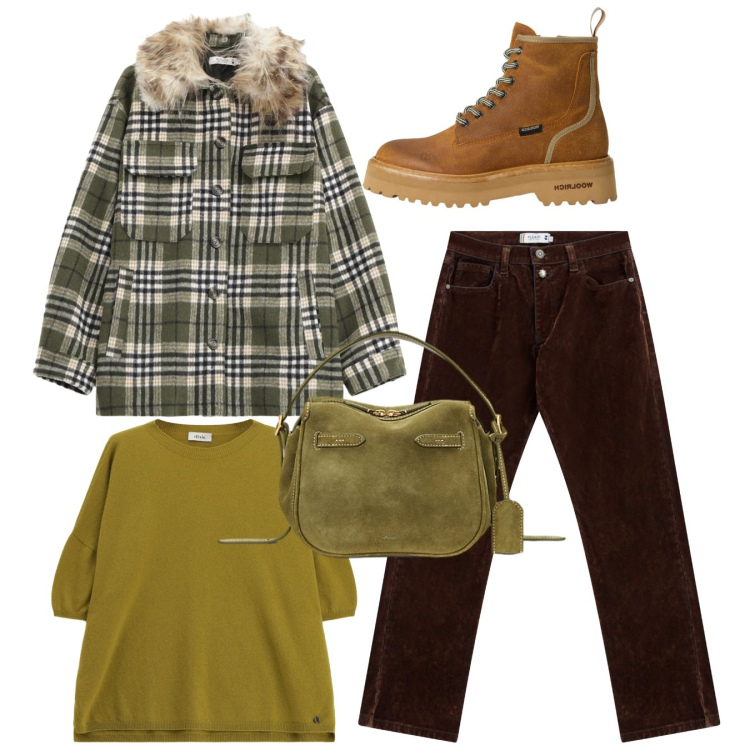 Outfit donna - Total look. Stile Bon Ton per Tutti i giorni. Abbinamento con cappotti, pantaloni, maglieria, borse a mano, anfibi.