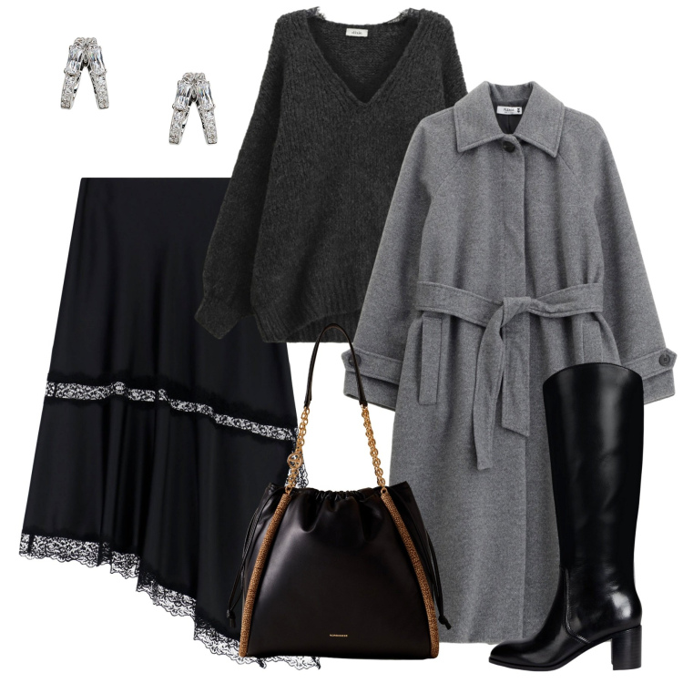 Outfit donna - Serata. Stile Chic per Serata fuori. Abbinamento con cappotti, gonne lunghe, maglieria, shopping bag, stivali, orecchini.