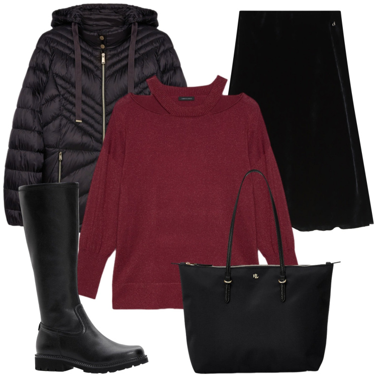 Outfit donna - Total look #2285649. Stile Casual per Tutti i giorni. Abbinamento con stivali, gonne, borse tote, maglieria, piumini.