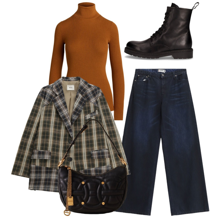 Outfit donna - Total look. Stile Bon Ton per Scuola/Università. Abbinamento con jeans, borse a spalla, blazer, maglieria, anfibi.