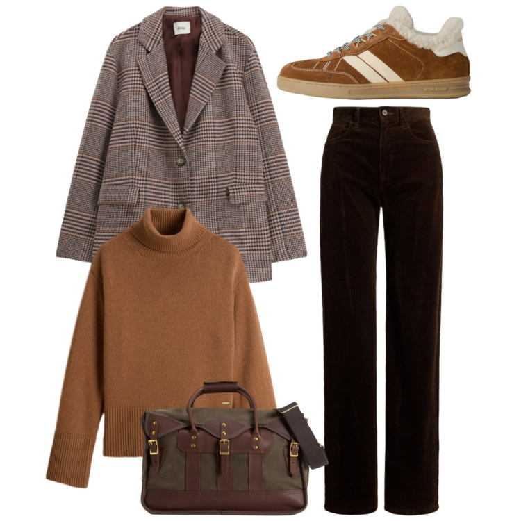 Outfit donna - Total look. Stile Bon Ton per Tutti i giorni. Abbinamento con blazer, pantaloni, borse a tracolla, maglieria, sneakers.