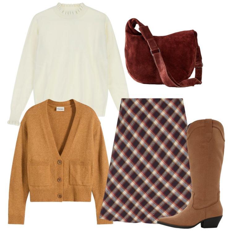 Outfit donna - Total look. Stile Bon Ton per Tutti i giorni. Abbinamento con borse a mano, stivali, cardigans, gonne, maglieria.