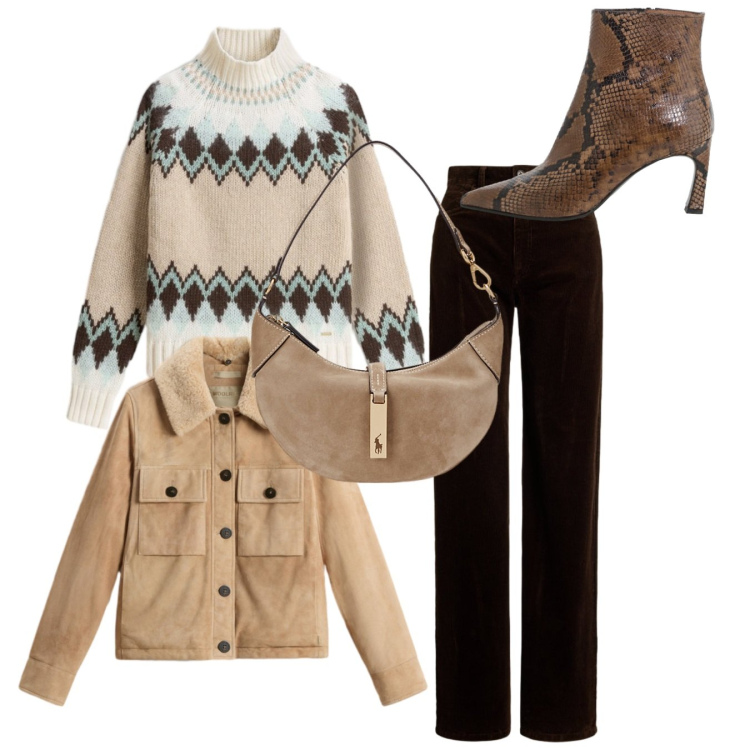 Outfit donna - Total look. Stile Bon Ton per Tutti i giorni. Abbinamento con stivaletti, pantaloni, borse a spalla, maglieria, piumini.
