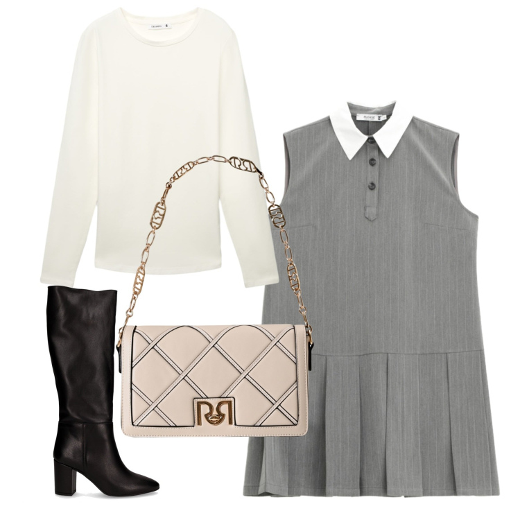 Outfit donna - Total look. Stile Bon Ton per Ufficio. Abbinamento con t-shirt, borse a tracolla, vestiti corti, stivali.