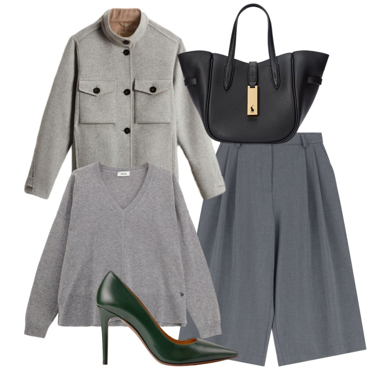 Outfit donna - Total look. Stile Chic per Ufficio. Abbinamento con shorts, maglieria, borse tote, décolleté, blazer.