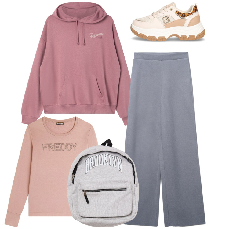 Outfit donna - Sporty total look. Stile Sporty chic per Sport. Abbinamento con felpe con cappuccio, borse sportive, pantaloni, felpe, sneakers.