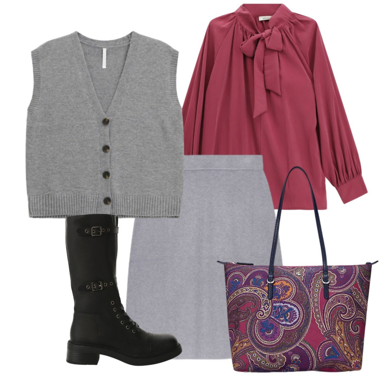 Outfit donna - Total look. Stile Bon Ton per Ufficio. Abbinamento con gilet, stivali, bluse, borse tote, gonne.