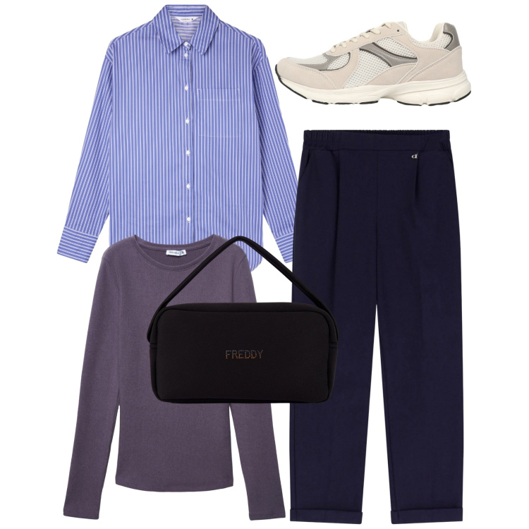 Outfit donna - Total look. Stile Sporty chic per Tutti i giorni. Abbinamento con sneakers, camicie, t-shirt, borse a mano, pantaloni.