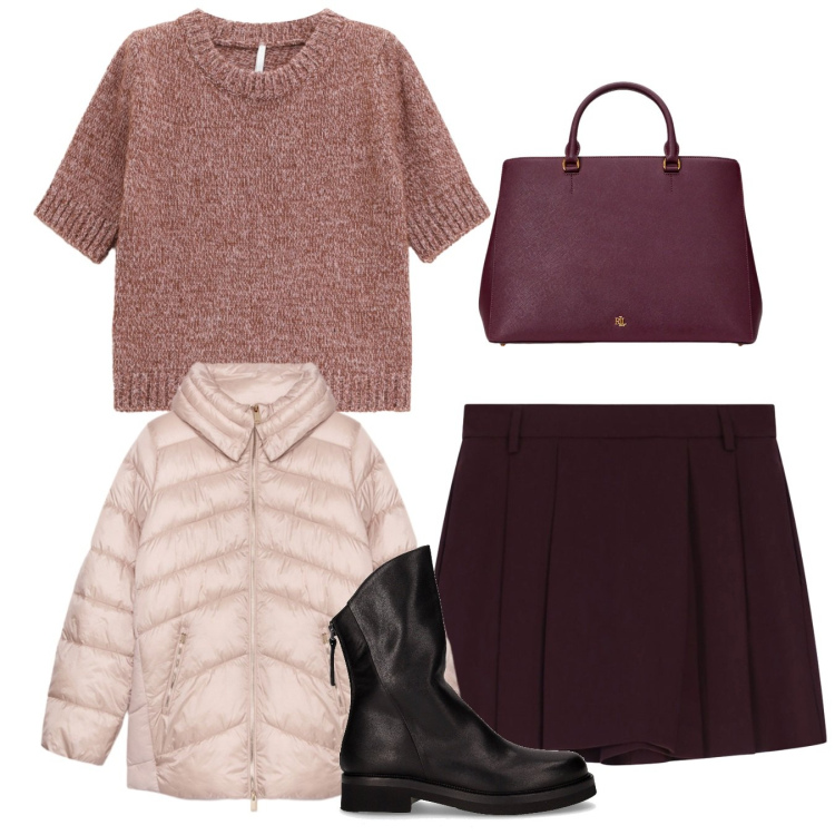 Outfit donna - Total look. Stile Bon Ton per Tutti i giorni. Abbinamento con maglieria, shorts, borse a mano, piumini, stivaletti.