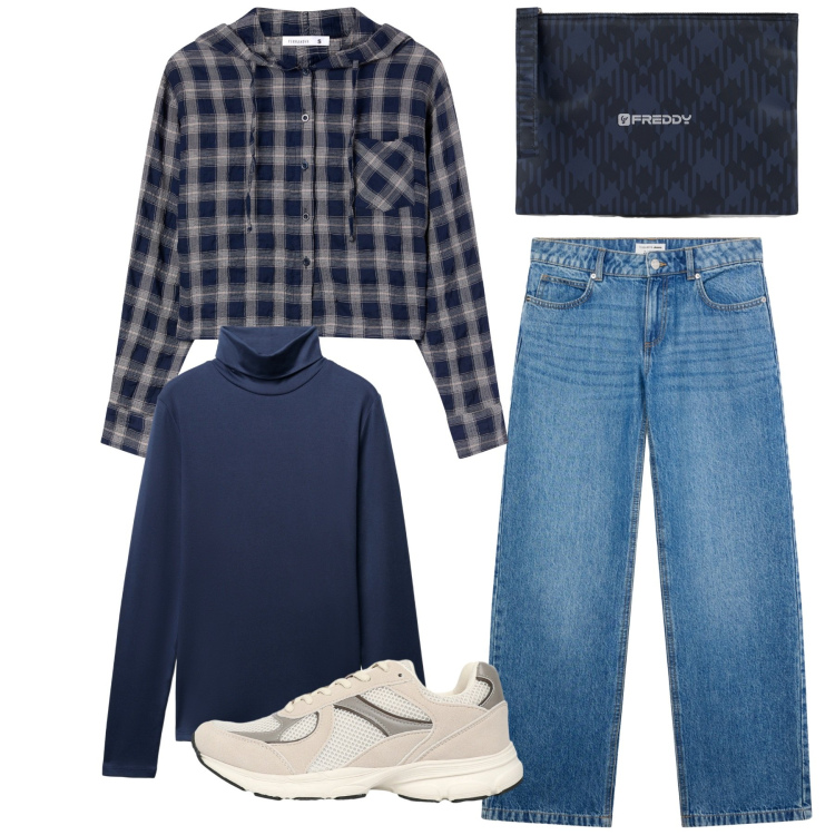 Outfit donna - Total look. Stile Casual per Tutti i giorni. Abbinamento con sneakers, camicie, jeans, t-shirt, clutch.