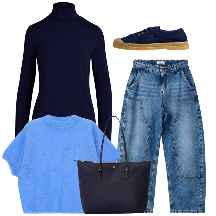 Outfit donna - Total look. Stile Casual per Tutti i giorni. Abbinamento con jeans dritti, maglieria, borse tote, vestiti, sneakers.