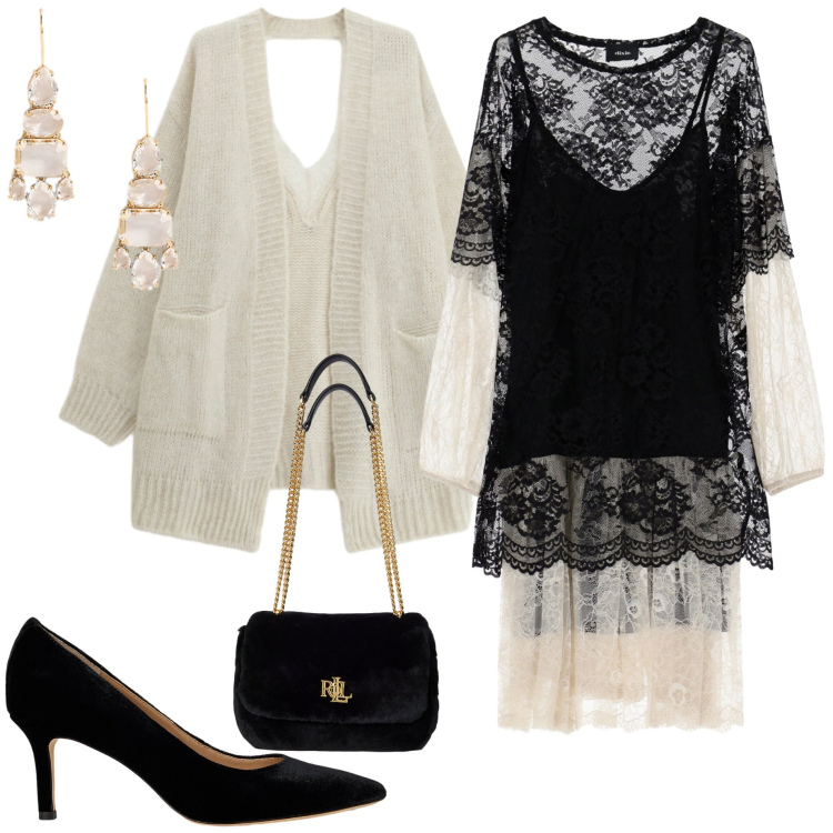 Outfit donna - Abito in pizzo. Stile Chic per Serata fuori. Abbinamento con vestiti midi/longuette, cardigans, orecchini, décolleté, borse a spalla.