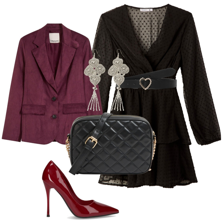 Outfit donna - Alla festa di compleanno. Stile Glamour per Serata fuori. Abbinamento con blazer, vestiti corti, borse a tracolla, cinture, orecchini, décolleté.