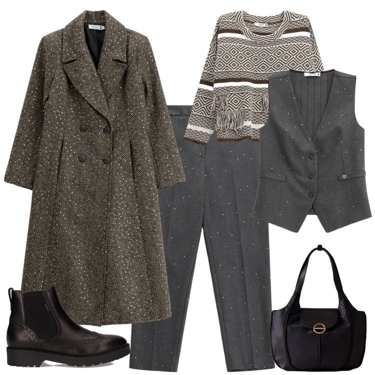 Outfit donna - Total look #2285679. Stile Trendy per Ufficio. Abbinamento con cappotti, pantaloni, gilet, maglieria, shopping bag, stivaletti chelsea.