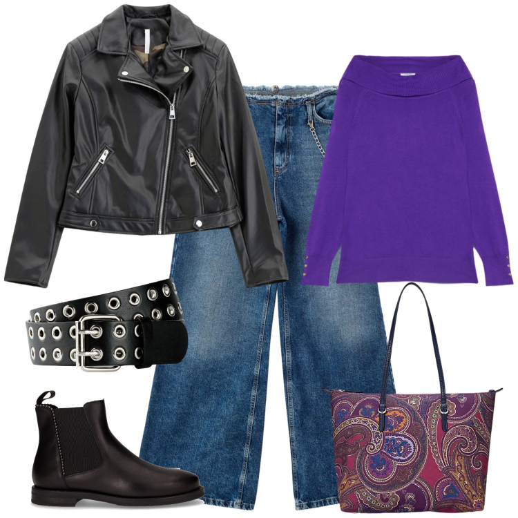 Outfit donna - Comoda. Stile Rock per Tutti i giorni. Abbinamento con cinture, jeans dritti, blazer, borse tote, maglieria, stivaletti chelsea.