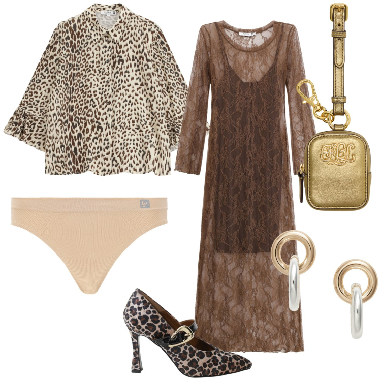 Outfit donna - Invitata ad una cerimonia un po’ roar. Stile Trendy per Cerimonia. Abbinamento con camicie, vestiti lunghi, décolleté, perizomi, orecchini, pochette.
