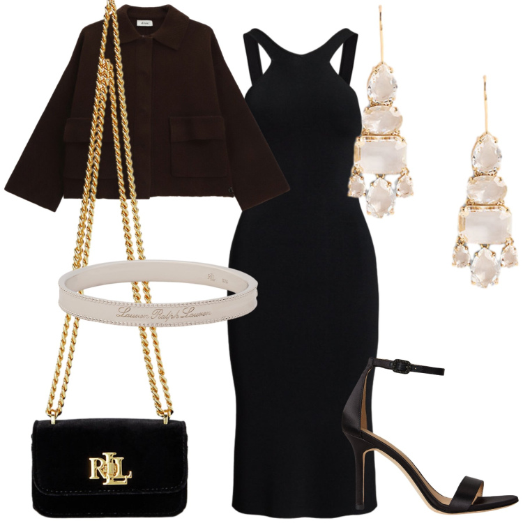 Outfit donna - E vai col party. Stile Chic per Serata fuori. Abbinamento con cardigans, orecchini, pochette, braccialetti, sandali col tacco, vestiti senza maniche.