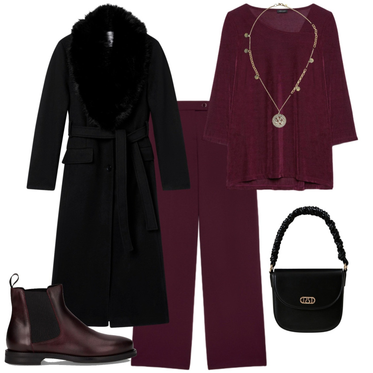 Outfit donna - Total look #2285723. Stile Casual chic per Tutti i giorni. Abbinamento con cappotti, borse a mano, ciondoli, bluse, pantaloni, stivaletti chelsea.