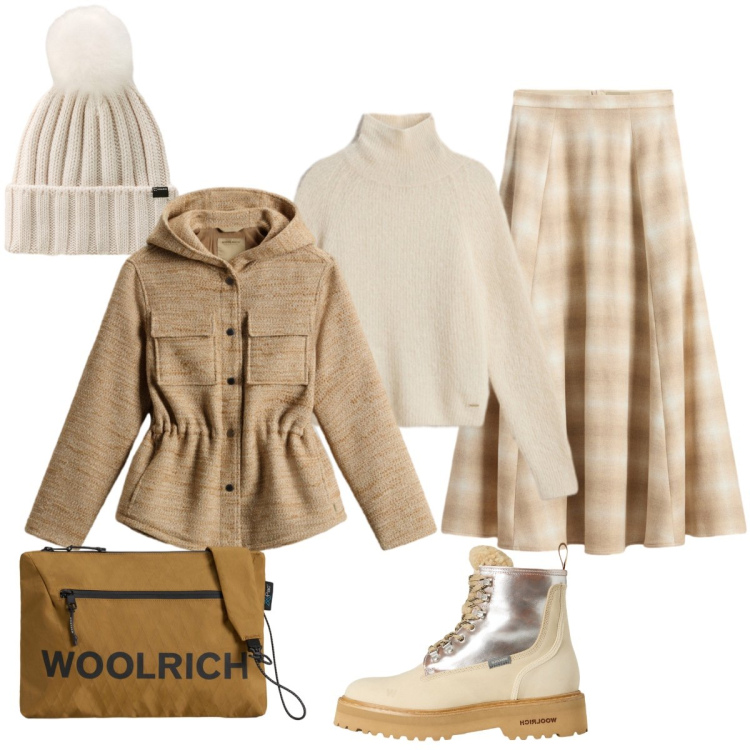 Outfit donna - Black friday Woolrich. Stile Minimal per Tutti i giorni. Abbinamento con maglieria, borse a tracolla, blazer, anfibi, gonne lunghe, berretti.