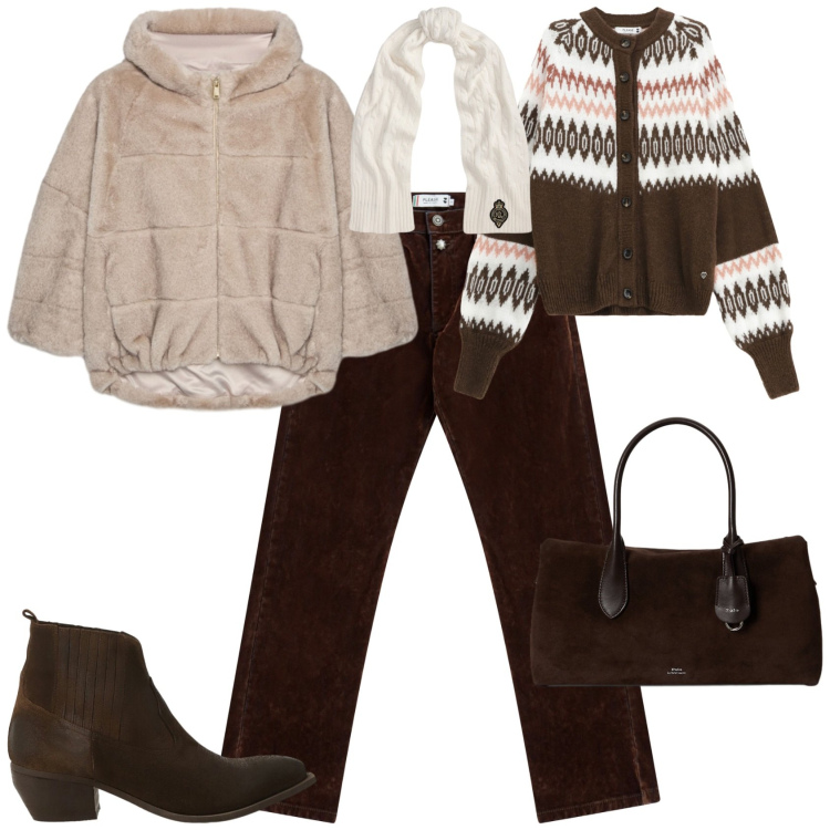 Outfit donna - Trendy per tutti I giorni. Stile Trendy per Tutti i giorni. Abbinamento con cardigans, pantaloni, stivaletti, sciarpe, borse a mano, ecopellicce.