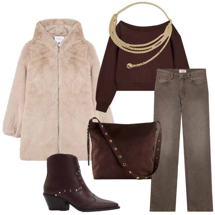 Outfit donna - Total look #2285728. Stile Casual per Tutti i giorni. Abbinamento con shopping bag, stivaletti texani, jeans bootcut, felpe, cappotti, collane.