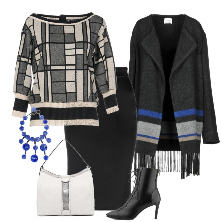 Outfit donna - Perle blu in ufficio. Stile Chic per Ufficio. Abbinamento con pullover a quadri lavorato a maglia collo tondo a maniche lunghe con bottoni, cappotto doppiopetto fantasia multicolore con frange collo con revers a maniche lunghe interno semi-foderato con tasche, gonna longuette crêpe, collana fantasia in ottone tinta unita, tronchetti con lacci nero, borsa a tracolla monospalla con stampa in pelle.