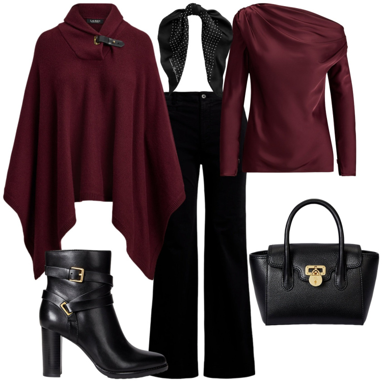 Outfit donna - Chic serata evento. Stile Chic per Serata fuori. Abbinamento con cappotti, foulard, borse a mano, pantaloni, stivaletti, bluse.