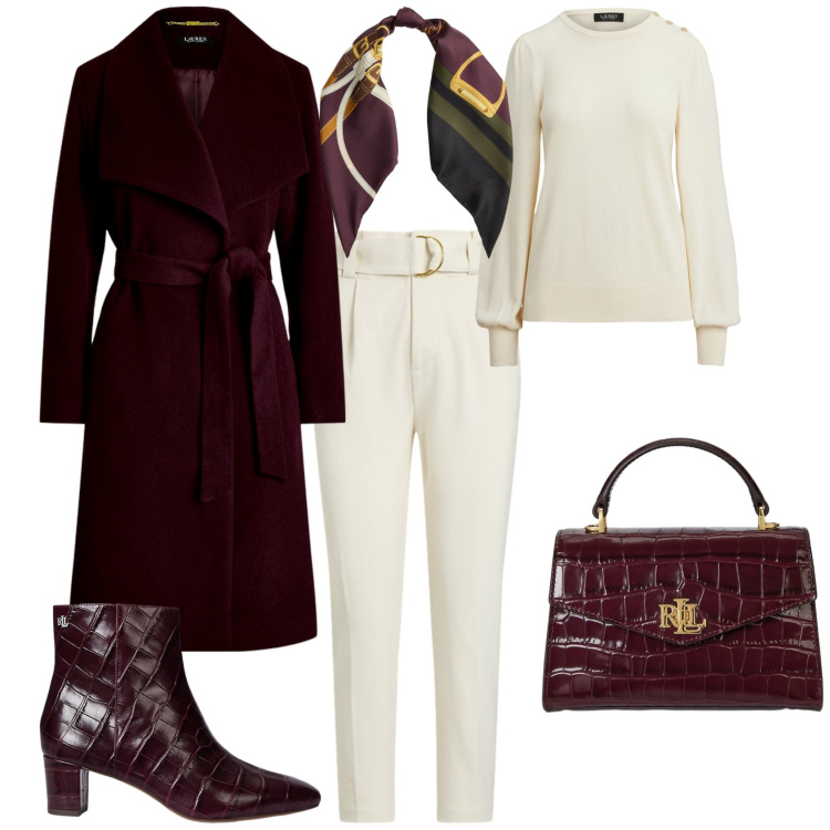 Outfit donna - Chic ogni giorno. Stile Chic per Tutti i giorni. Abbinamento con stivaletti, cappotti, borse a mano, pantaloni, maglieria, foulard.