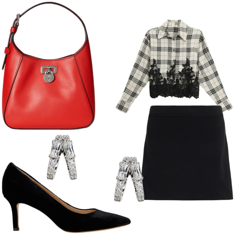 Outfit donna - Camicia quadri e pizzo. Stile Chic per Ufficio. Abbinamento con camicie, orecchini, borse a tracolla, minigonne, décolleté.