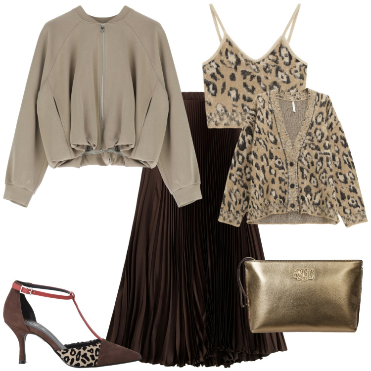 Outfit donna - Chic serata fuori. Stile Chic per Serata fuori. Abbinamento con top, gonne lunghe, felpe, cardigans, décolleté, pochette.