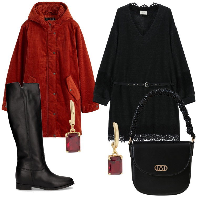 Outfit donna - Total look #2285734. Stile Romantica per Serata fuori. Abbinamento con parka, borse a mano, vestiti corti, orecchini, stivali.