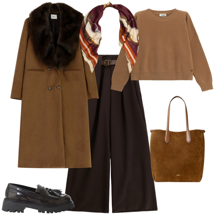 Outfit donna - Total look #2285735. Stile Casual chic per Tutti i giorni. Abbinamento con mocassini, pantaloni a palazzo, cappotti, maglieria, borse tote, foulard.