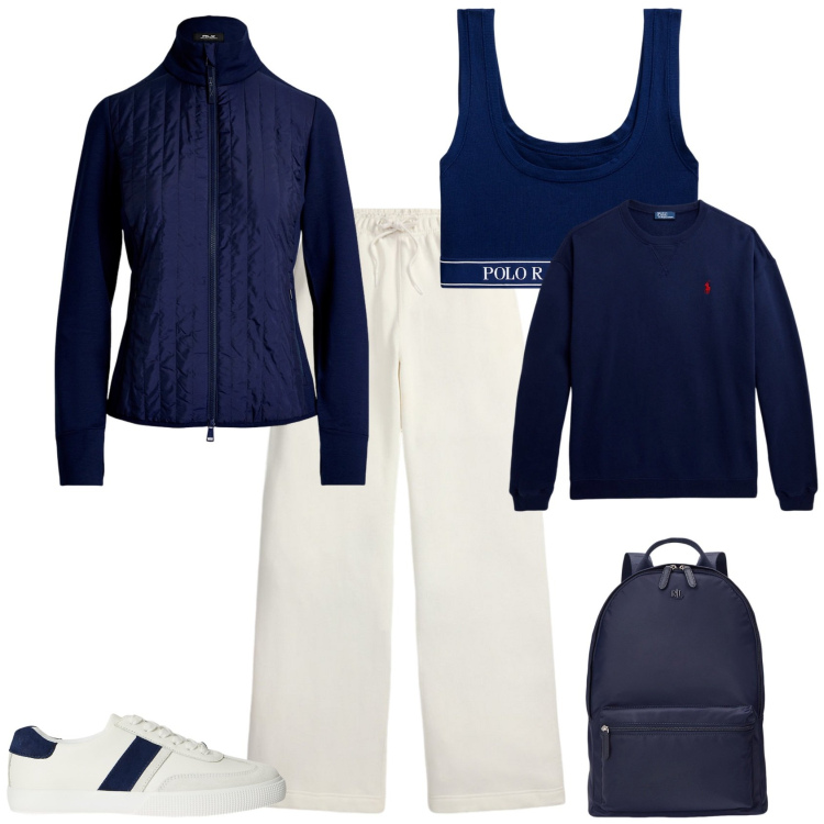 Outfit donna - Sporty chic per la palestra. Stile Sporty chic per Sport. Abbinamento con zaini, giacche, canottiere, felpe, sneakers, pantaloni sportivi.