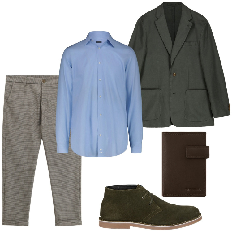 Outfit uomo - L’eleganza del grigio. Stile Trendy per Ufficio. Abbinamento con pantaloni, portafogli, giacche, stivali e stivaletti, camicie.