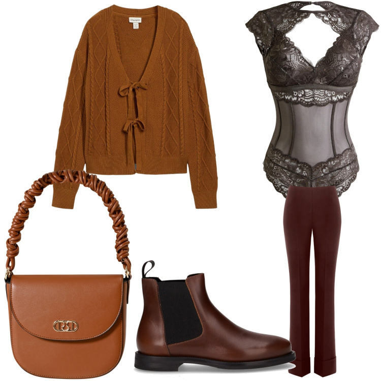 Outfit donna - Il body sexy. Stile Basic per Tutti i giorni. Abbinamento con cardigans, body, pantaloni skinny, borse a mano, stivaletti chelsea.