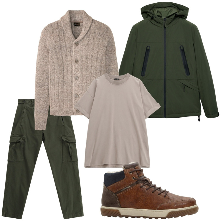 Outfit uomo - Serata al pub. Stile Casual per Serata speciale. Abbinamento con sneakers alte, cardigans, giacche, t-shirt, pantaloni cargo.