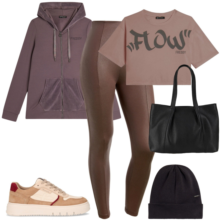 Outfit donna - Freddy. Stile Casual per Tutti i giorni. Abbinamento con shopping bag, berretti, felpe con cappuccio, pantaloni skinny, t-shirt, sneakers.