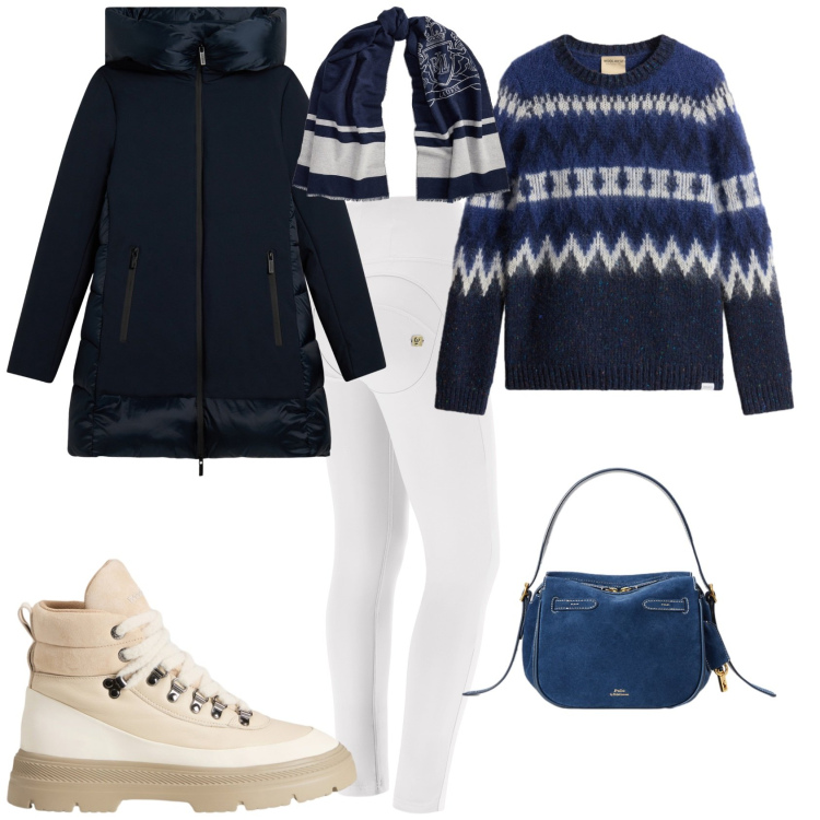 Outfit donna - Sporty chic in montagna. Stile Sporty chic per Tutti i giorni. Abbinamento con eskimo, pantaloni skinny, borse a mano, sciarpe, anfibi, maglieria.