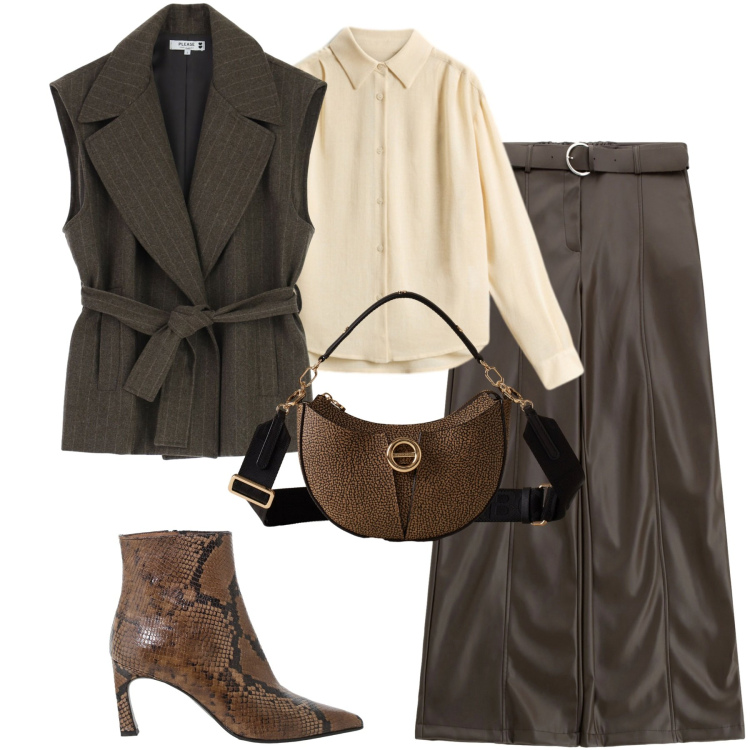 Outfit donna - City. Stile Urban per Tutti i giorni. Abbinamento con gilet, pantaloni, borse a spalla, stivaletti, camicie.