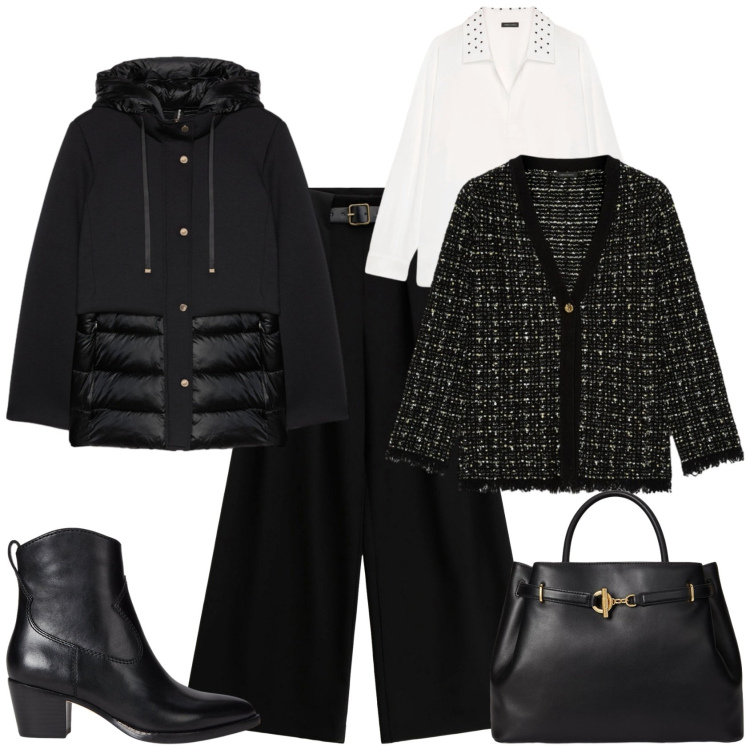 Outfit donna - Casual chic in ufficio altre occasioni. Stile Casual chic per Ufficio. Abbinamento con pantaloni a palazzo, borse a mano, stivaletti, piumini, cardigans, camicie.